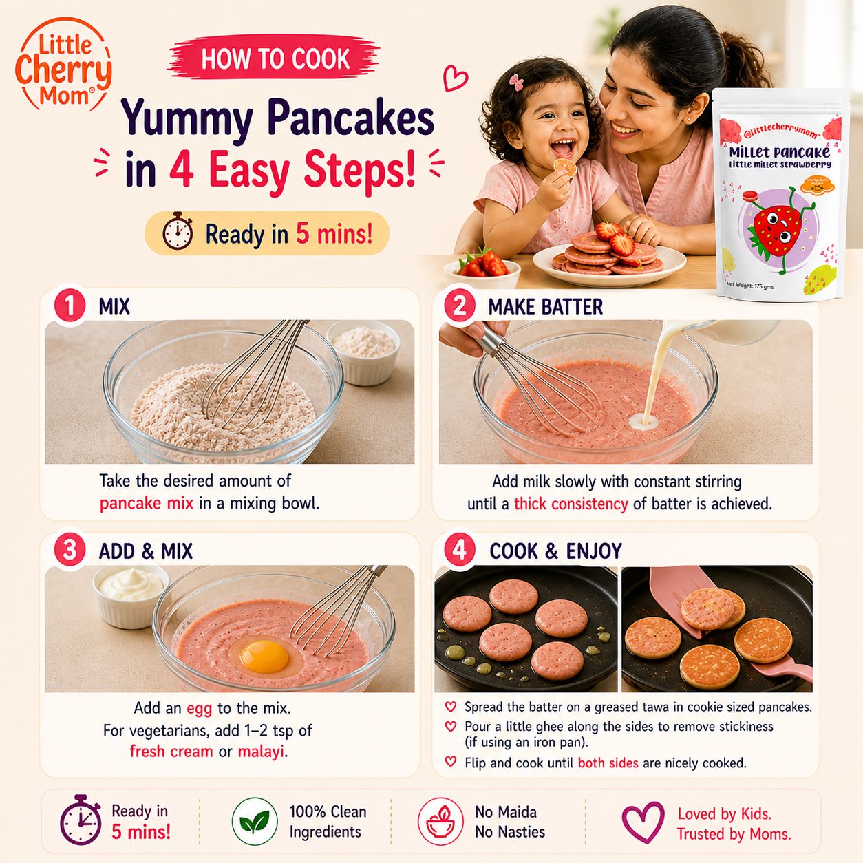Littlecherrymom Little Millet Strawberry Pancake Mix — Healthy Pancake Mix for Kids | Made with Real Strawberry & Little Millet