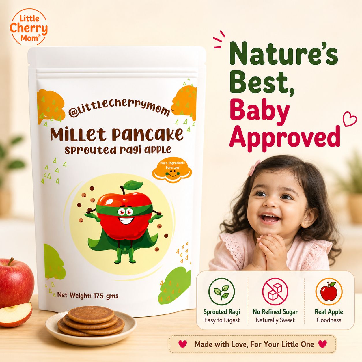 Littlecherrymom Sprouted Ragi Apple Pancake Mix — Healthy Pancake Mix for Kids | Made with Sprouted Ragi & Real Apple