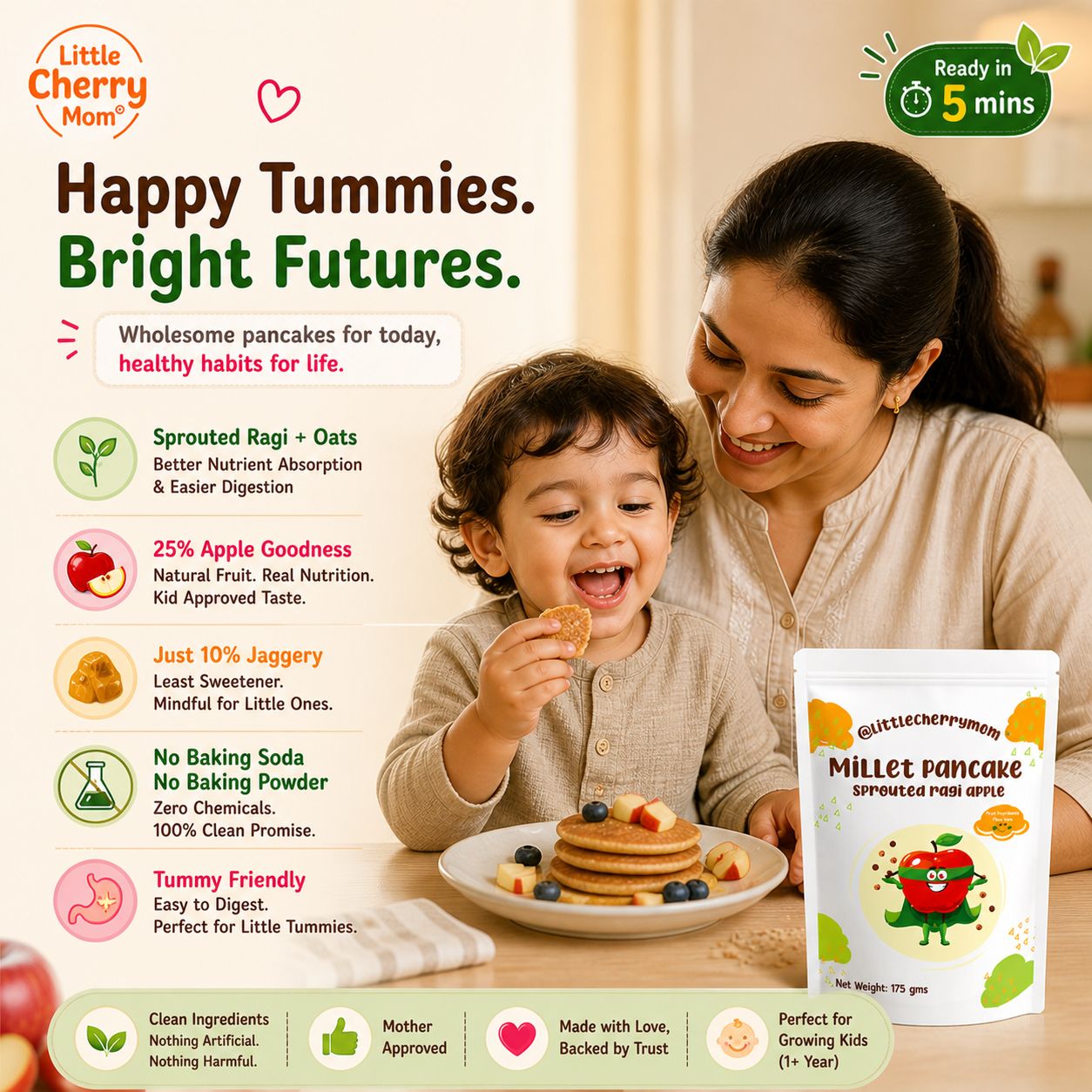 Littlecherrymom Sprouted Ragi Apple Pancake Mix — Healthy Pancake Mix for Kids | Made with Sprouted Ragi & Real Apple
