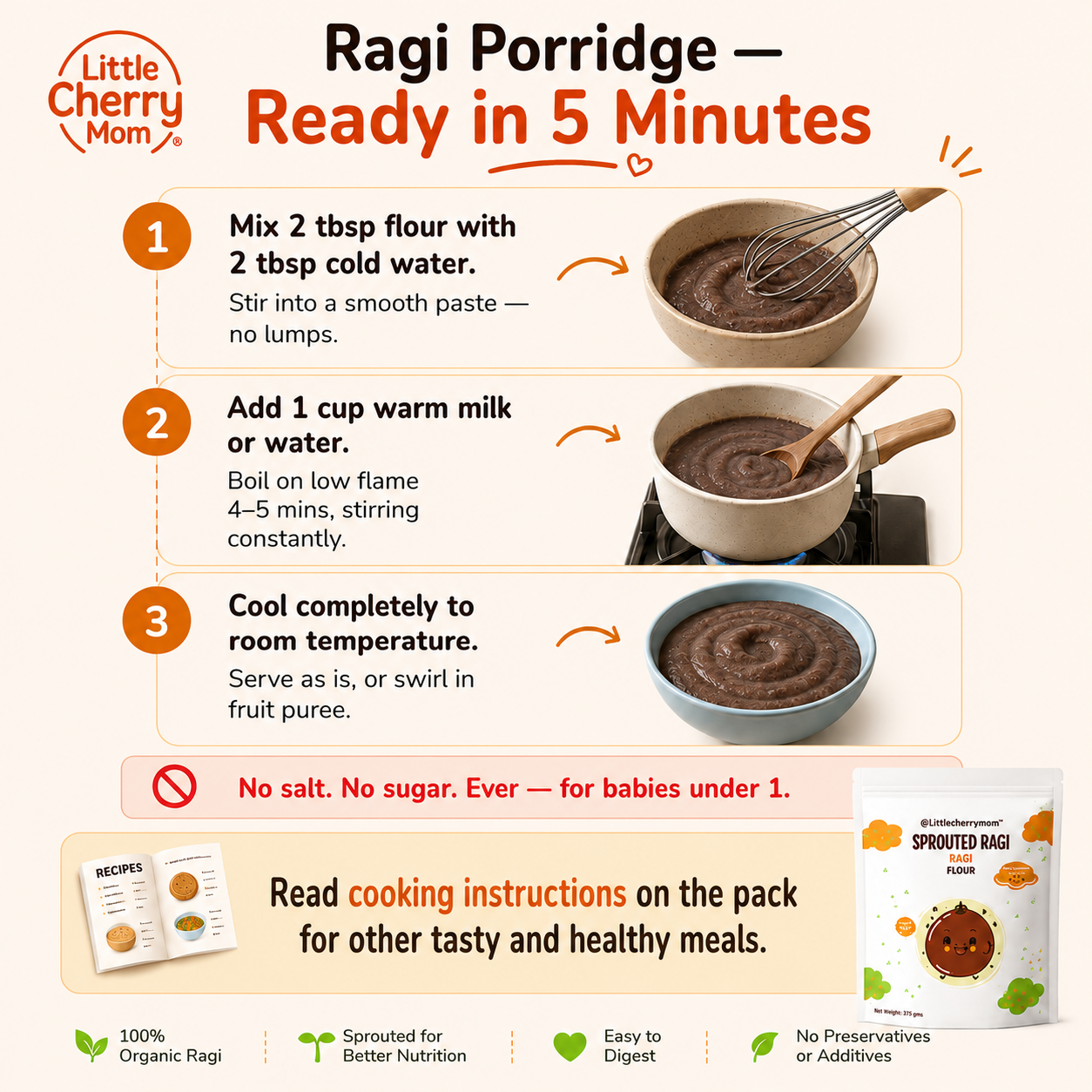 Littlecherrymom Sprouted Ragi Flour 375g — Naturally Rich in Calcium & Iron | Easy to Digest for Babies & Kids