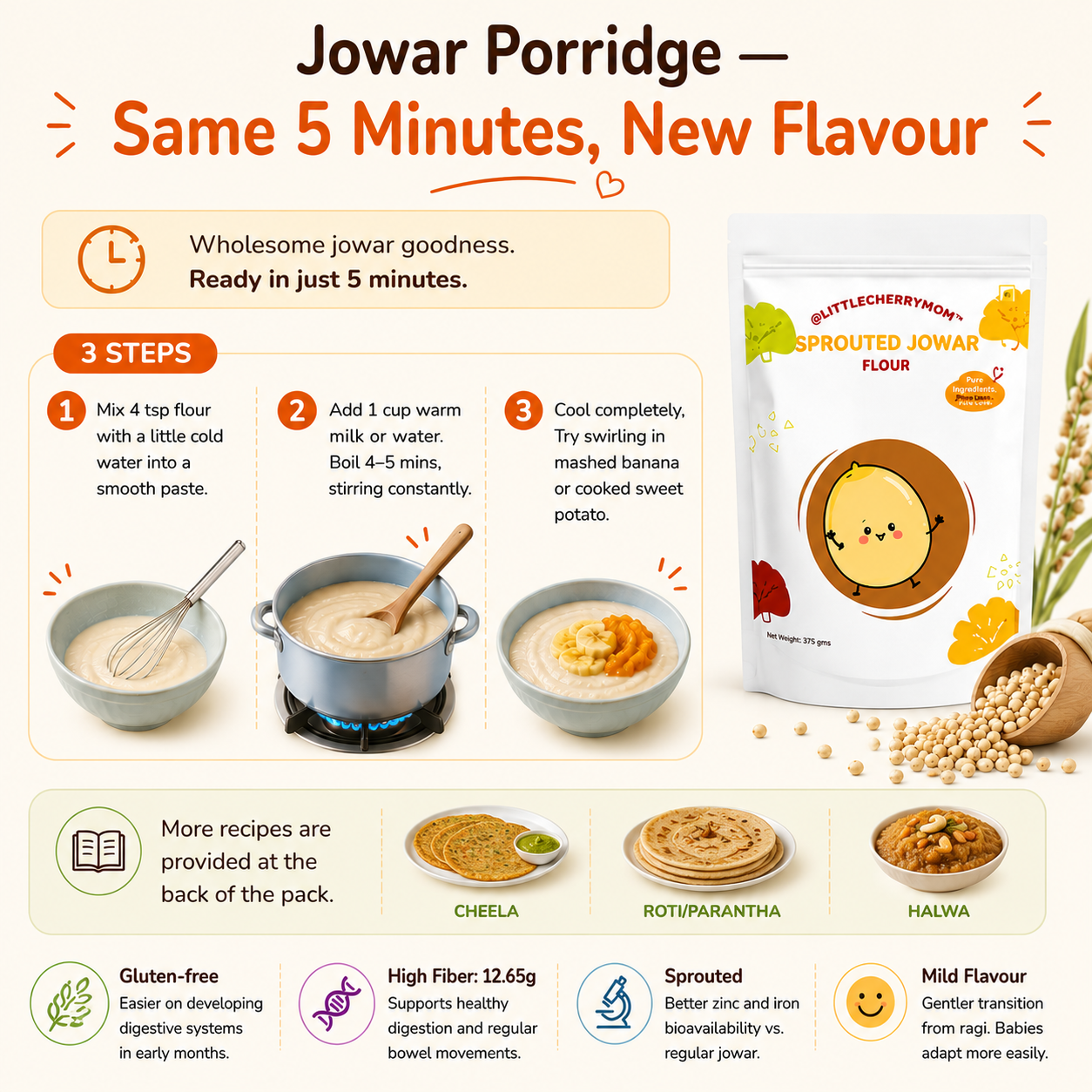 Littlecherrymom Sprouted Jowar Flour 375g — Naturally Gluten-Free & Easy to Digest | Clean Millet Flour for Babies & Families