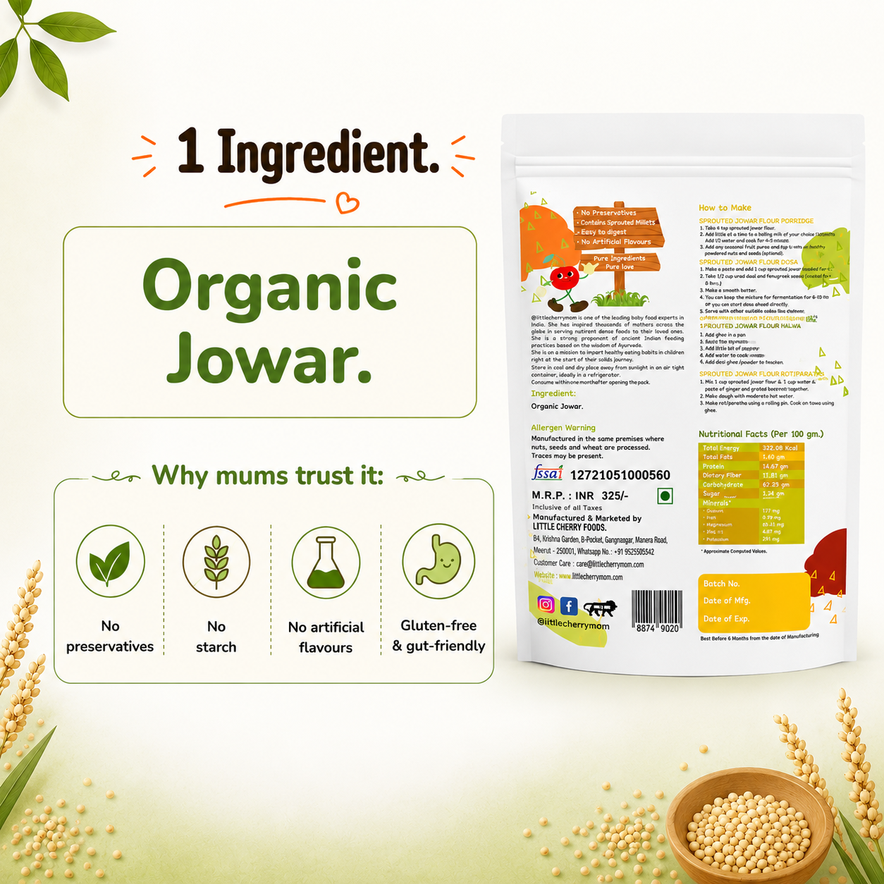 Littlecherrymom Sprouted Jowar Flour 375g — Naturally Gluten-Free & Easy to Digest | Clean Millet Flour for Babies & Families