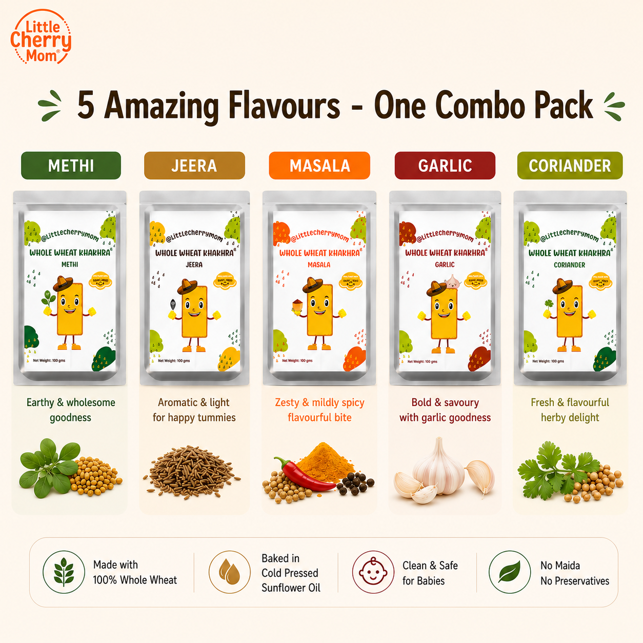 Littlecherrymom Whole Wheat Khakhra Combo — Crispy Baked Snack for Kids & Families | 5 Flavours | No Maida, Not Fried