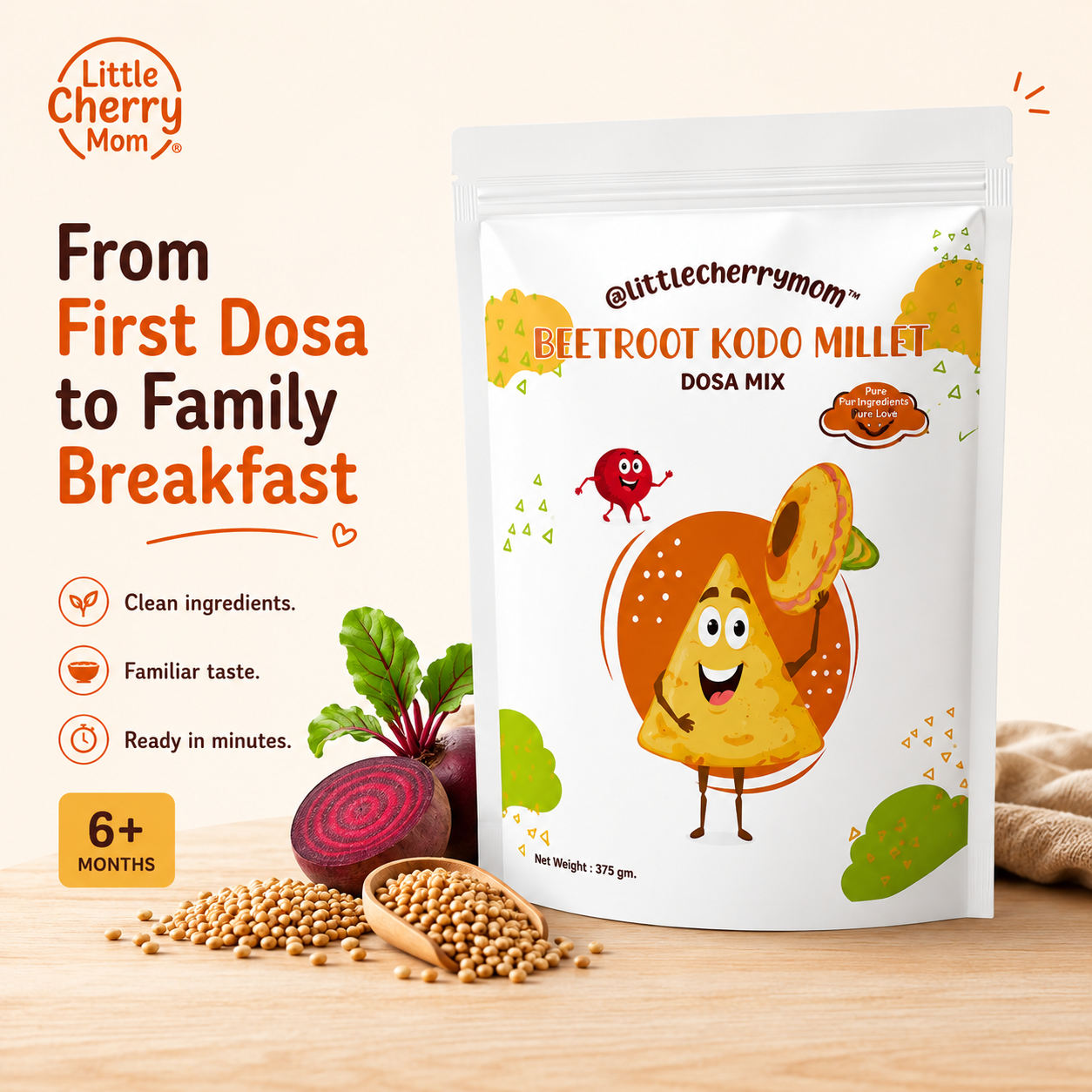 Littlecherrymom Beetroot Kodo Millet Instant Dosa/Idli Mix — Instant Millet Breakfast Mix for Kids & Families | No Maida | No Salt | Ready in 10 Minutes