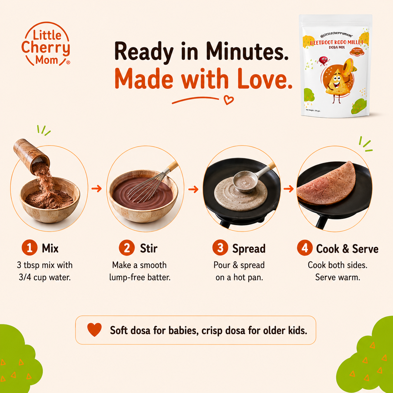 Littlecherrymom Beetroot Kodo Millet Instant Dosa/Idli Mix — Instant Millet Breakfast Mix for Kids & Families | No Maida | No Salt | Ready in 10 Minutes