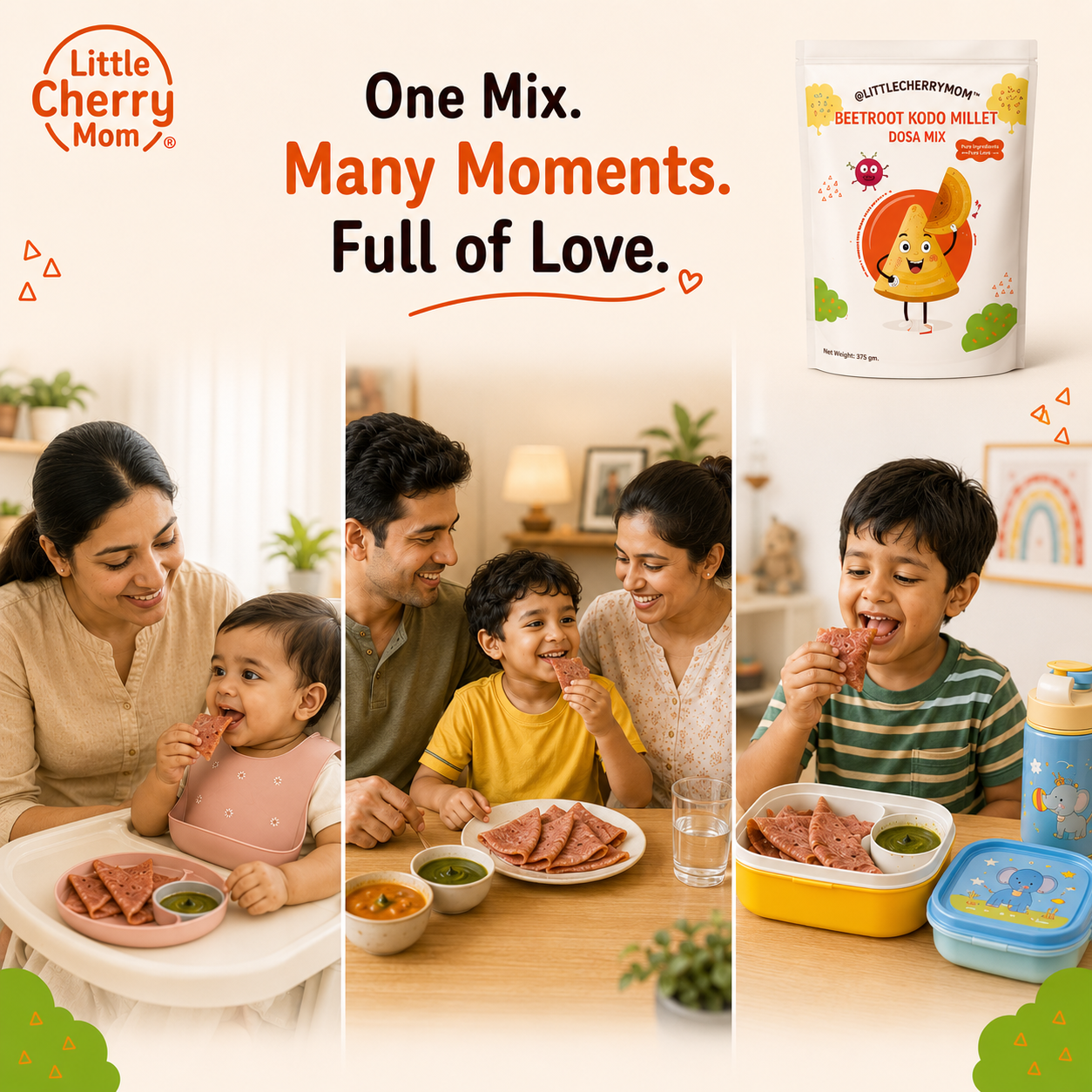 Littlecherrymom Beetroot Kodo Millet Instant Dosa/Idli Mix — Instant Millet Breakfast Mix for Kids & Families | No Maida | No Salt | Ready in 10 Minutes