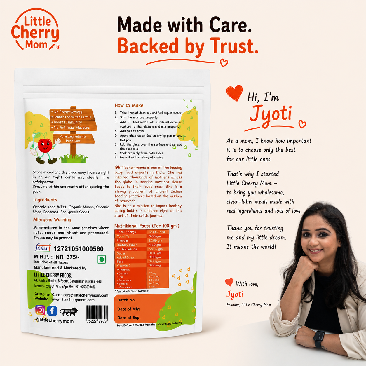 Littlecherrymom Beetroot Kodo Millet Instant Dosa/Idli Mix — Instant Millet Breakfast Mix for Kids & Families | No Maida | No Salt | Ready in 10 Minutes