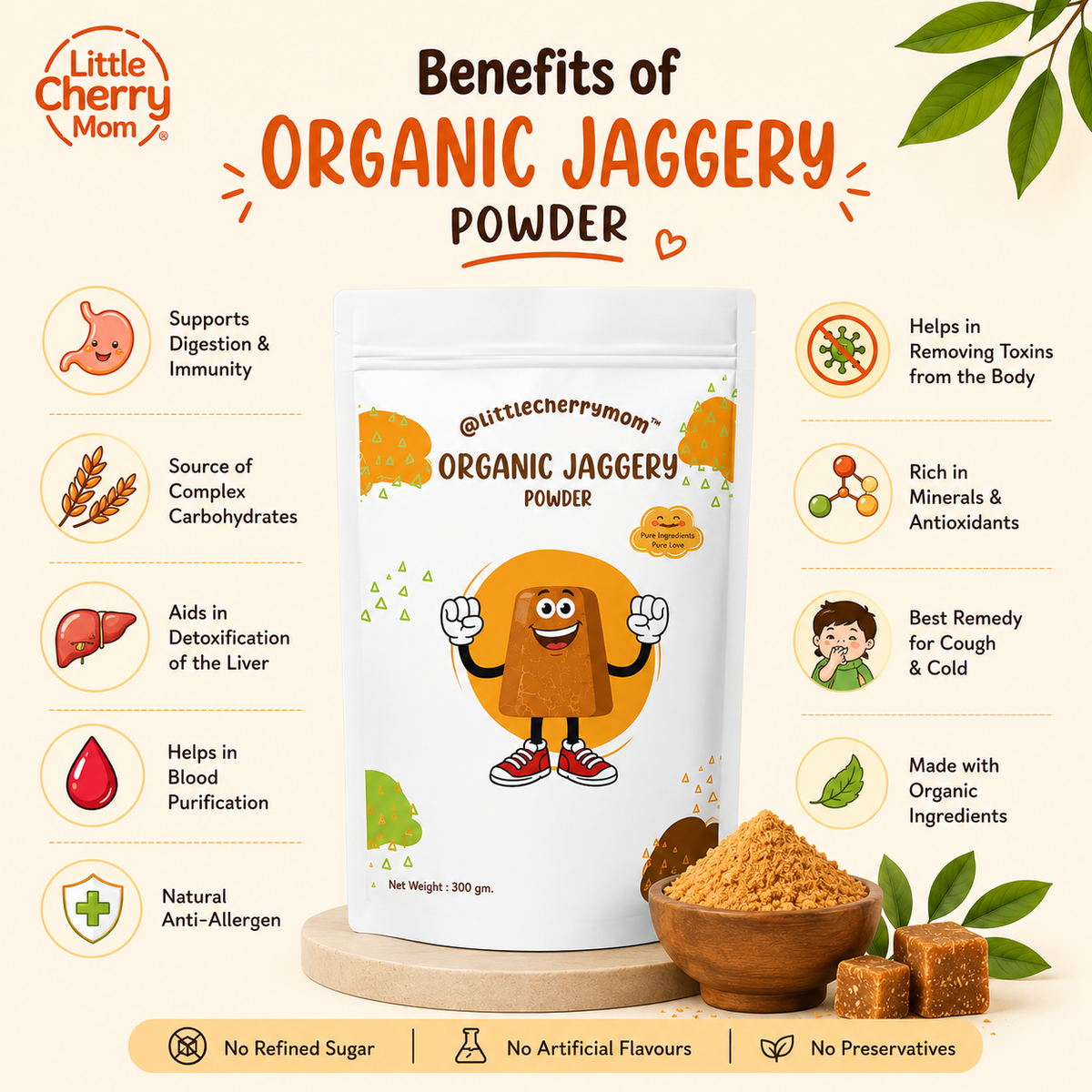 Littlecherrymom Organic Jaggery Powder 300g — Traditional Unrefined Sweetener for Kids & Families | Natural Sugar Alternative