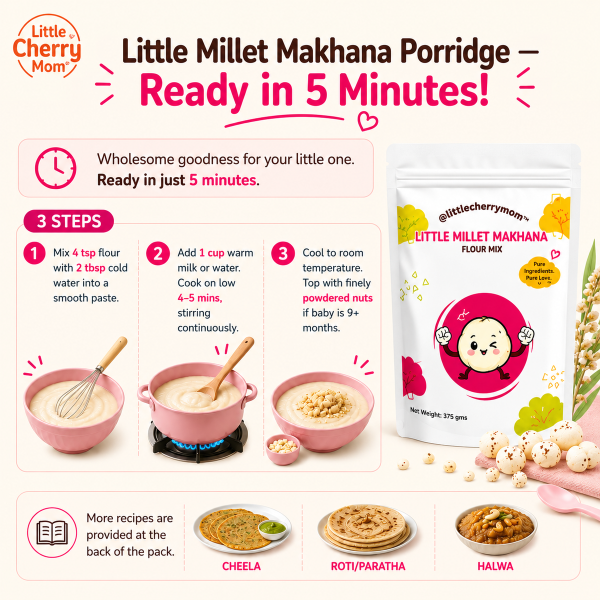 Littlecherrymom Little Millet Makhana Mix 375g — Light & Easy to Digest Meal Mix for Babies & Kids | Made with Roasted Makhana & Little Millet