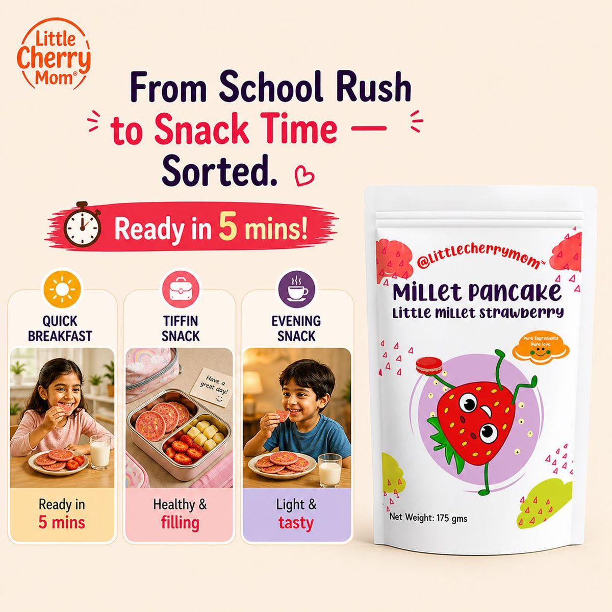 Littlecherrymom Little Millet Strawberry Pancake Mix — Healthy Pancake Mix for Kids | Made with Real Strawberry & Little Millet