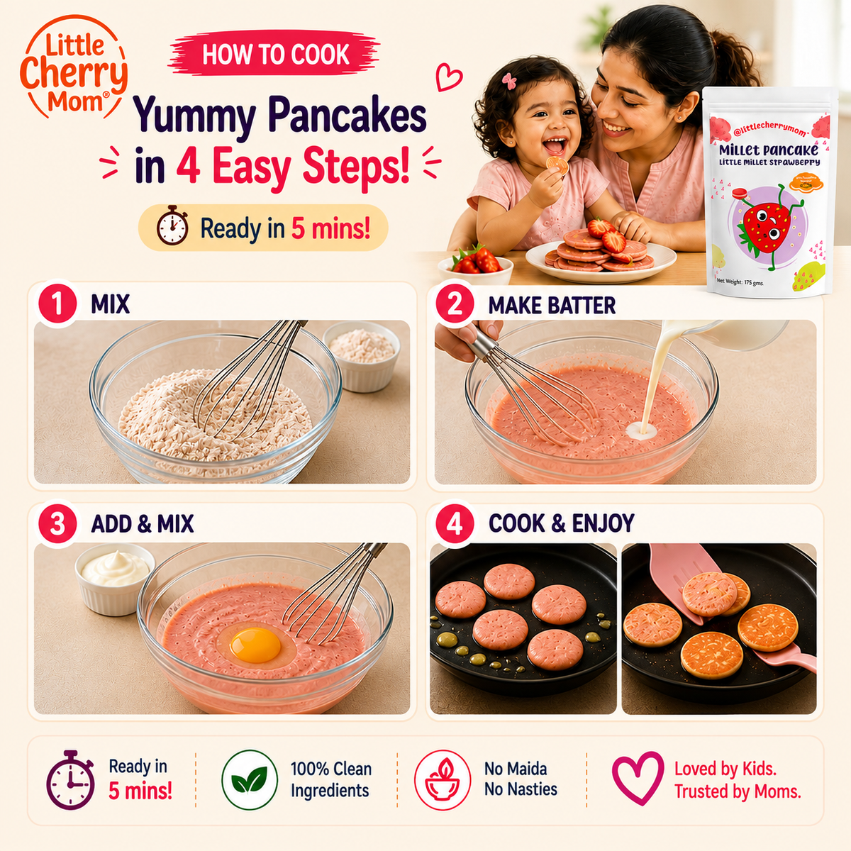 Littlecherrymom Little Millet Strawberry Pancake Mix — Healthy Pancake Mix for Kids | Made with Real Strawberry & Little Millet