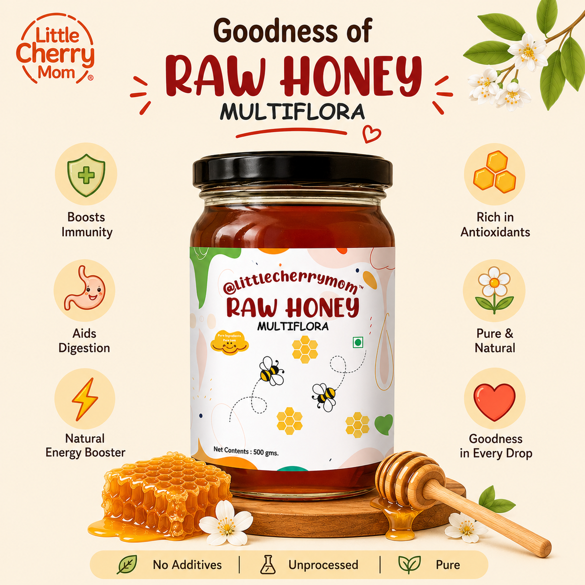 Littlecherrymom Raw Honey Multiflora (500g) — Natural & Unfiltered Honey for Kids & Families | No Added Sugar
