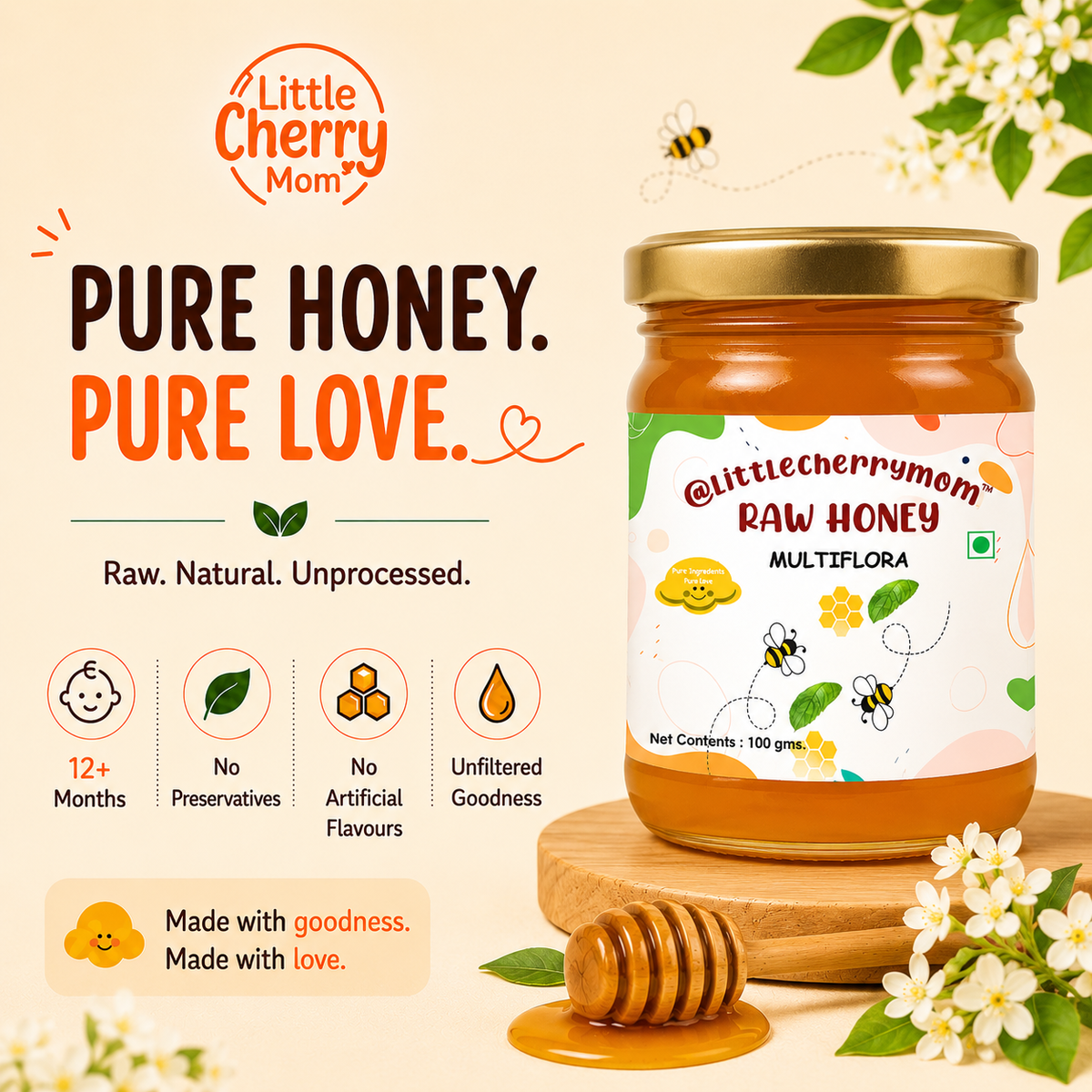Littlecherrymom Raw Honey Multiflora (100g) Pack of 2  — Natural & Unfiltered Honey for Kids & Families | No Added Sugar
