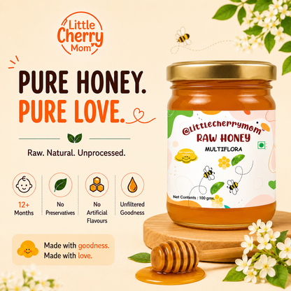 Littlecherrymom Raw Honey Multiflora (100g) Pack of 2  — Natural & Unfiltered Honey for Kids & Families | No Added Sugar