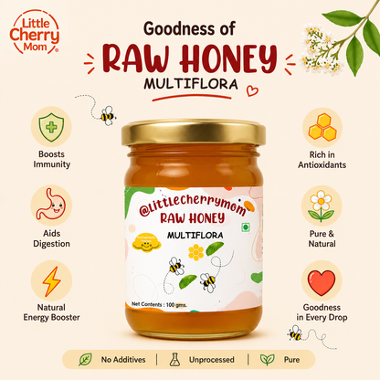 Littlecherrymom Raw Honey Multiflora (100g) Pack of 2  — Natural & Unfiltered Honey for Kids & Families | No Added Sugar