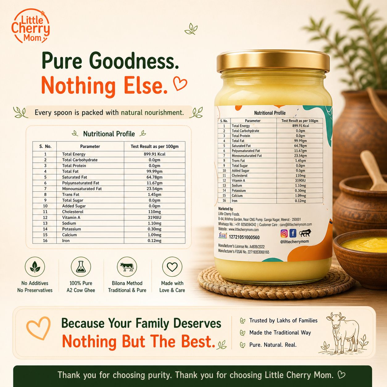 Littlecherrymom A2 Bilona Cow Ghee 500ml — Made the Traditional Way, From Grass-Fed Desi Cows | Pure, Unprocessed, No Additives