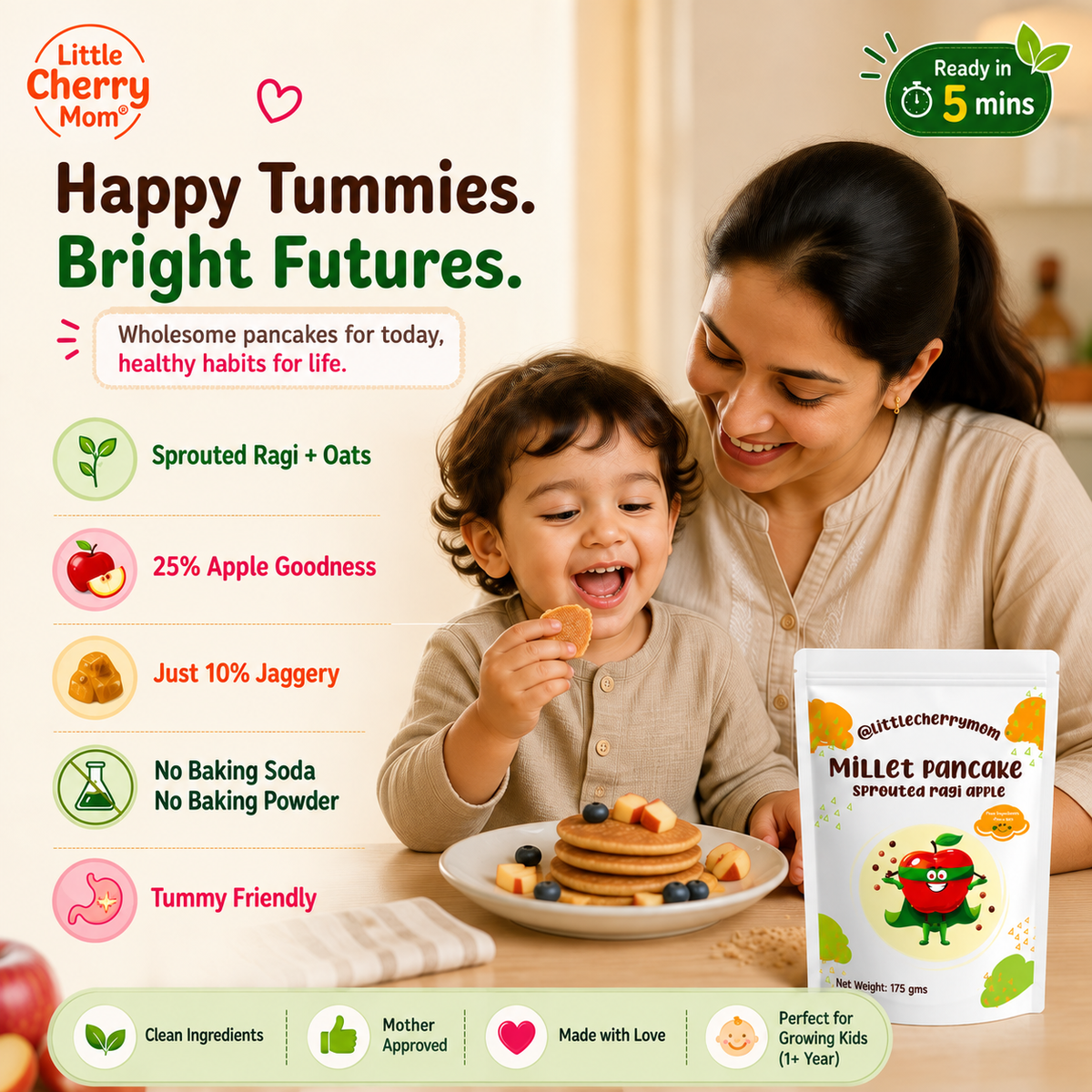 Littlecherrymom Sprouted Ragi Apple Pancake Mix — Healthy Pancake Mix for Kids | Made with Sprouted Ragi & Real Apple