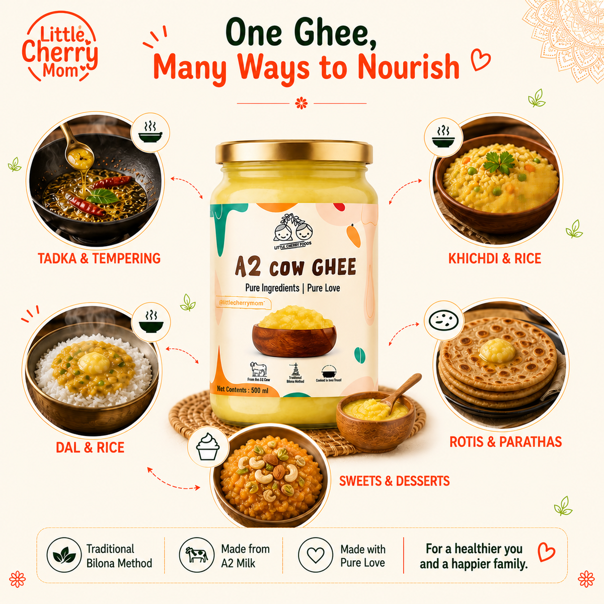 Littlecherrymom A2 Bilona Cow Ghee 500ml — Made the Traditional Way, From Grass-Fed Desi Cows | Pure, Unprocessed, No Additives