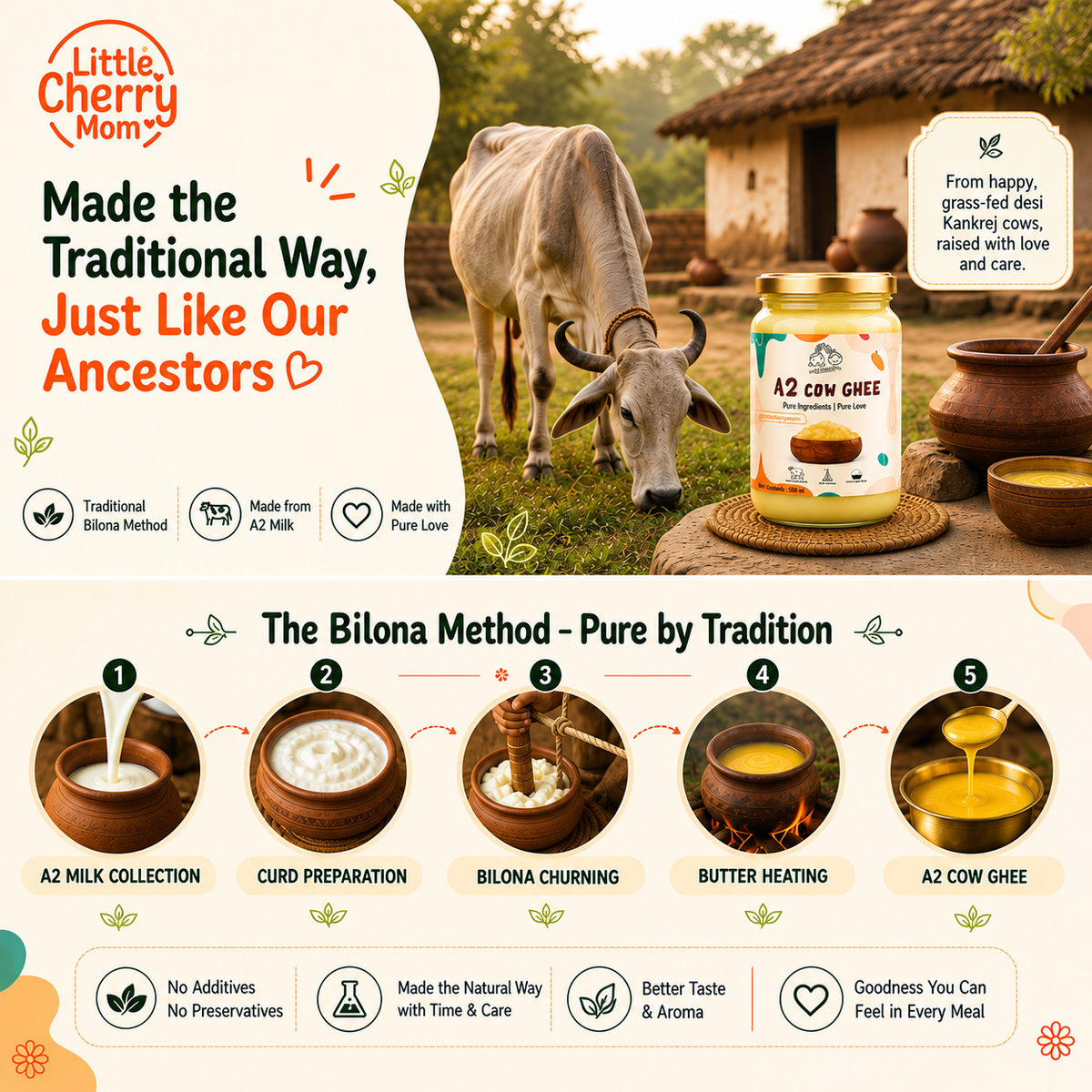 Littlecherrymom A2 Bilona Cow Ghee 500ml — Made the Traditional Way, From Grass-Fed Desi Cows | Pure, Unprocessed, No Additives