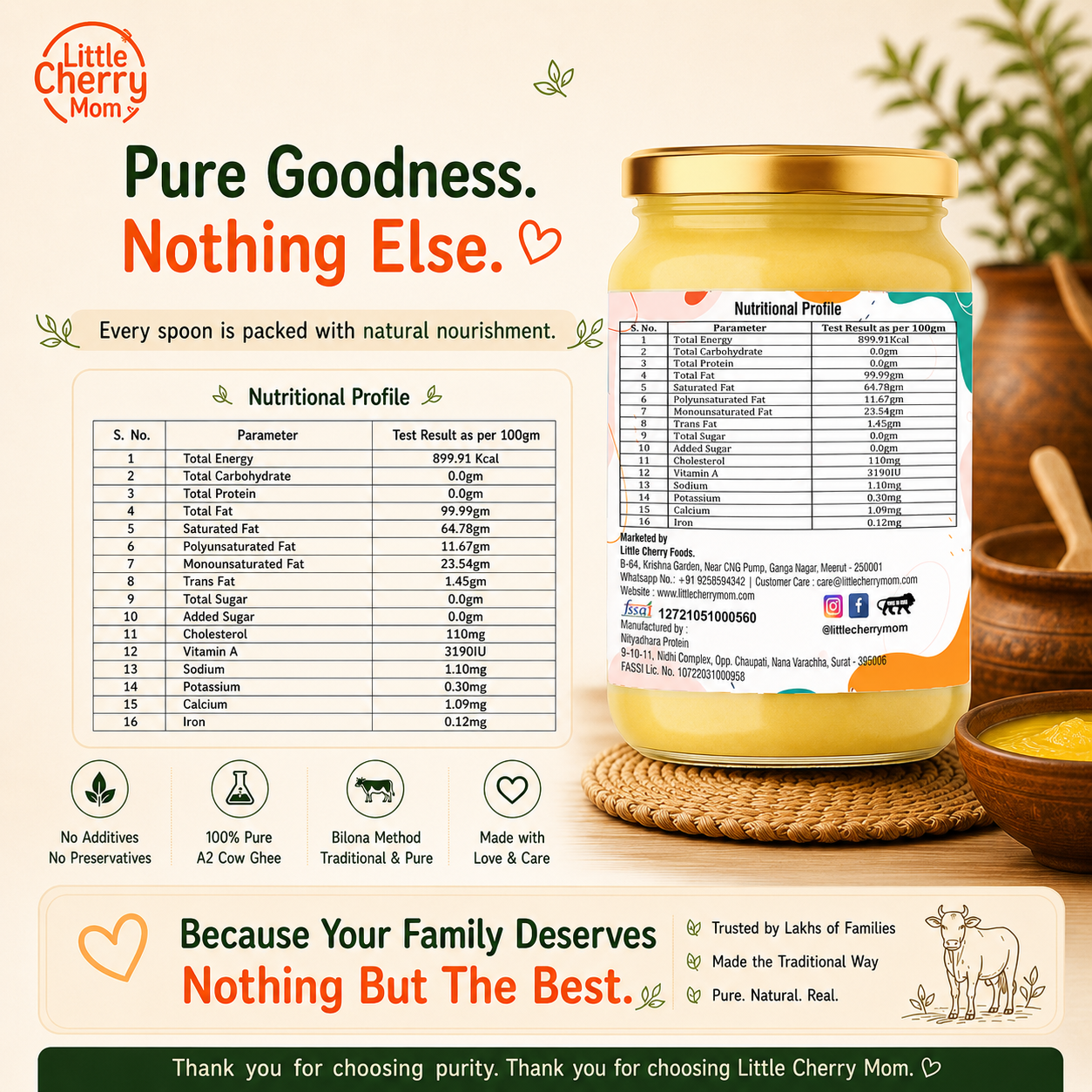 Littlecherrymom A2 Bilona Cow Ghee 500ml — Made the Traditional Way, From Grass-Fed Desi Cows | Pure, Unprocessed, No Additives
